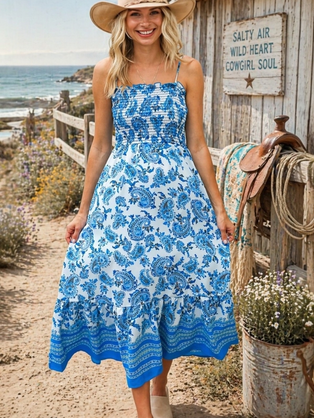 Haptics Blue Paisley Maxi Dress 2XL Smocked Boho Coastal Summer NWT - Picture 3 of 9